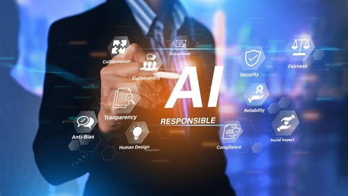 Lawyer reviewing documents on a laptop displaying AI-assisted legal research tools, symbolising responsible AI adoption in law firms.