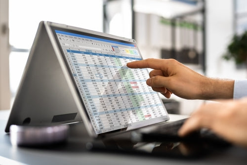 Legal professional reviewing a spreadsheet with redacted fields on screen, illustrating native file redaction in an eDiscovery review platform.