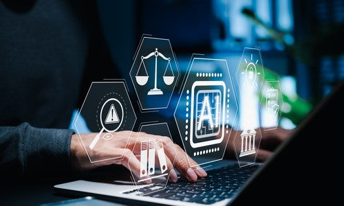 In-house lawyer using AI for regulatory research on a laptop, illustrating Lexology PRO MCP in Claude